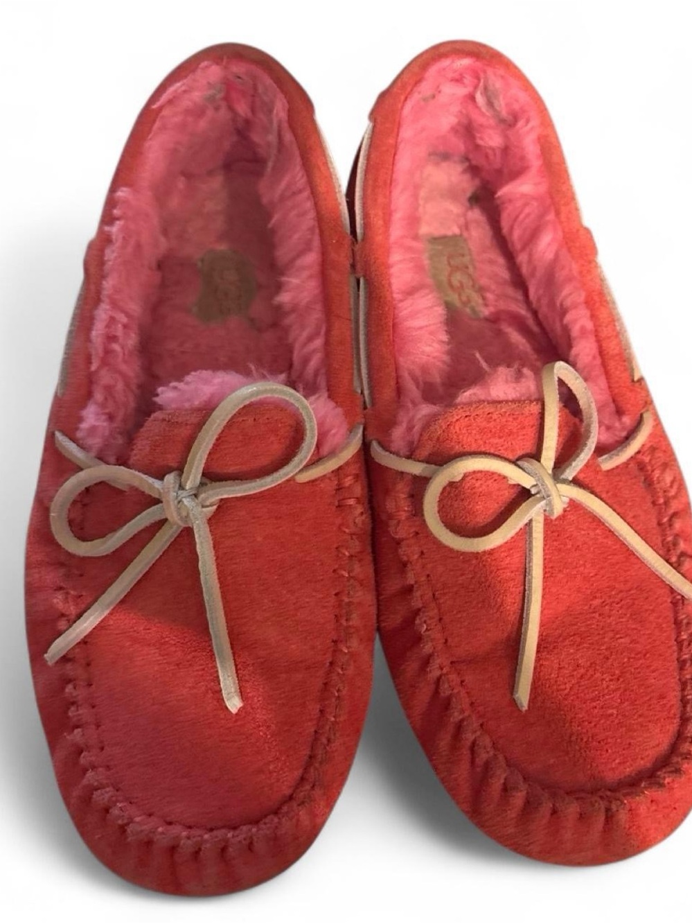 UGG Women's Red Suede Moccasins with Pink Shearling